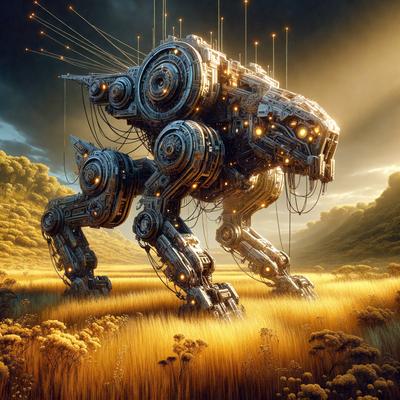 The primary subject of the image is a futuristic robotic animal, which appears to be a mix between a lion and a robot. The robotic animal is standing in a field with tall grass, and it is surrounded by a variety of lights, giving it a unique and eye-catching appearance. The setting is a natural environment, with the grassy field providing a contrast to the robotic animal's metallic and mechanical features. The visual style of the image is a combination of digital art and illustration, creating a